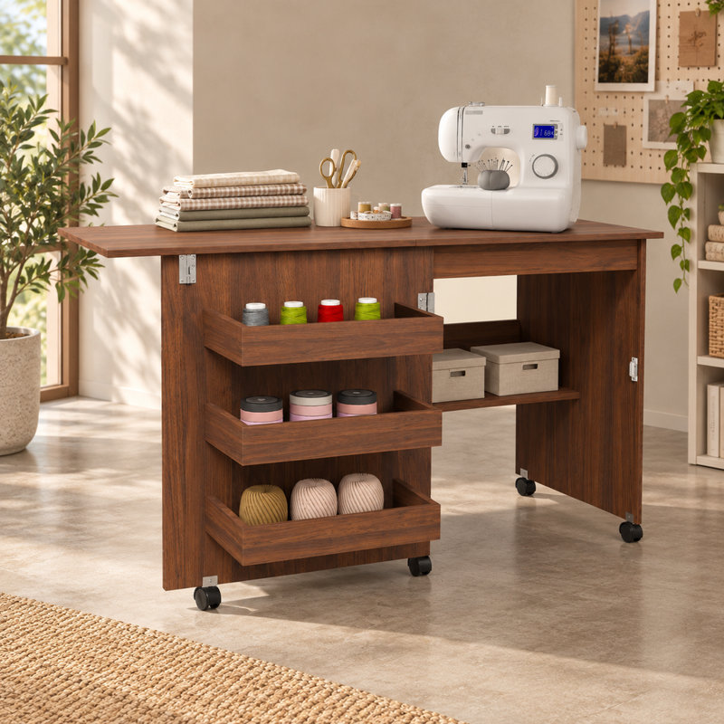Table de couture pliante multifonctionnelle en noyer sur roulettes verrouillables - poste de travail 4-en-1, bureau d'ordinateur, table de bout et rangement de cuisine avec tablettes