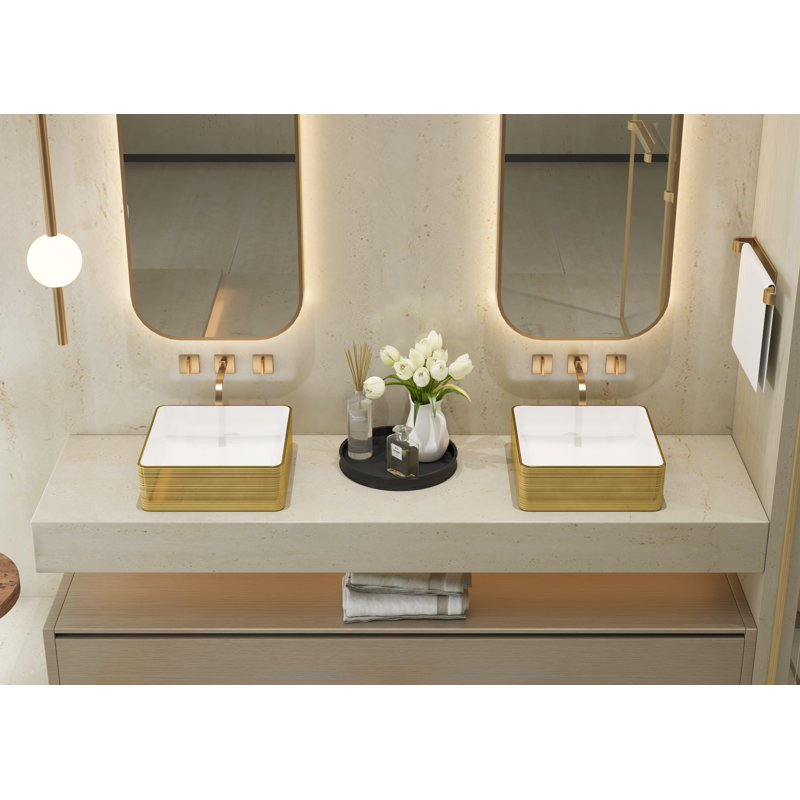 Lavabo vasque de salle de bain carré 14 po Meje, lavabo de comptoir à rayures dorées de luxe, lavabo en céramique pour meuble-lavabo