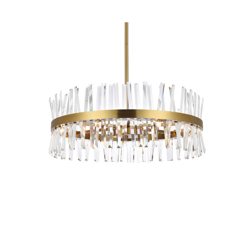 Lustre cylindrique unique et remarquable à 16 lumières avec accents de cristal Athol, H 12 po x l 32 po x P 32 po, Or satiné