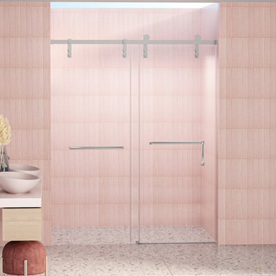 Porte de douche sans cadre à fermeture en douceur l 60 po x H 76 po, porte de douche coulissante simple en verre trempé transparent de 5/16 po (8 mm) avec film antidéflagrant, quincaillerie en acier inoxydable, 24D211-60G-COMBO-1