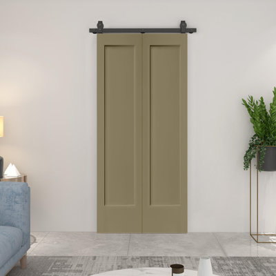 Porte de grange pliante à panneaux en panneau de fibres à densité moyenne avec ensemble de quincaillerie d'installation