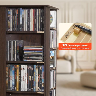 34-Compartment Rotating Media Tower Rack | For CDs, DVDs, Game Discs & Books | Dark Brown Wooden Storage Cabinet for Living Room, Home Office & Recording Studio