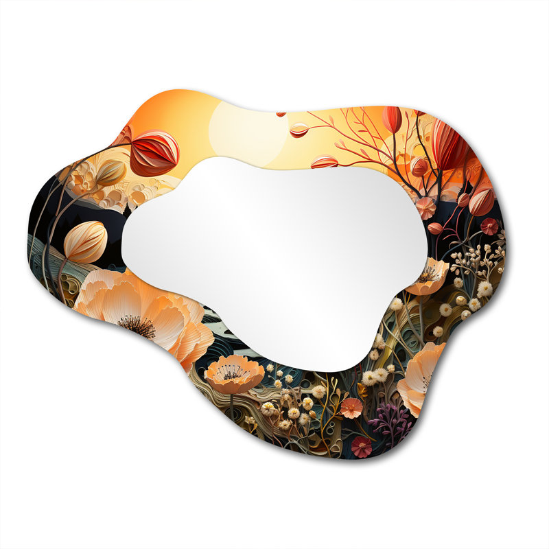 Blooming Poppies River Sunset - miroir mural asymétrique coquelicot, miroir décoratif pêche, impression sur métal