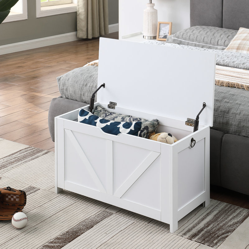Banc blanc pour hall d'entrée, assemblage facile, grand intérieur, poignée en forme de U, support de rangement spacieux de 300 lb, attrait rétro, 2 charnières, option multi-usage rapide