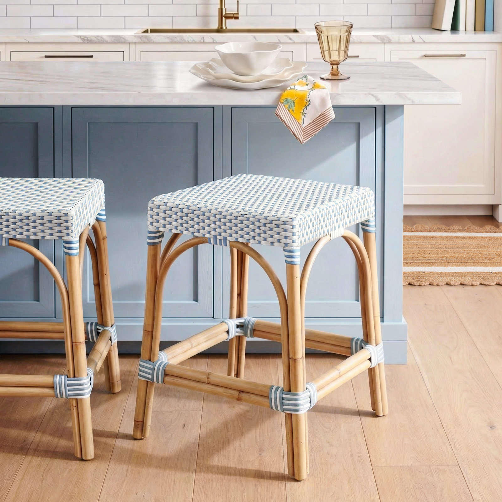 Lennart Bar Stool, White/Sky Blue Dot / Natural Rattan Frame, Counter Stool (24.5" Seat Height)