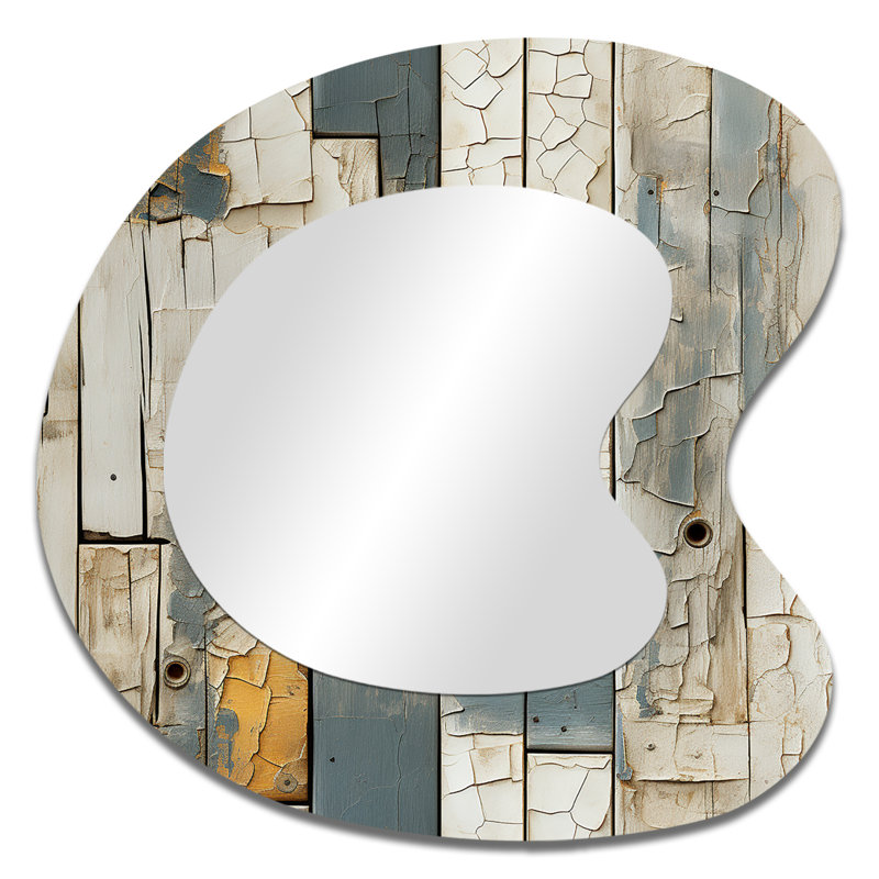 Fiaza Grey Tones Wood Pallets - Abstract Asymmetrical Mirror, Beige Unique Shape Decorative Wall Mirror, Printed Metal Art