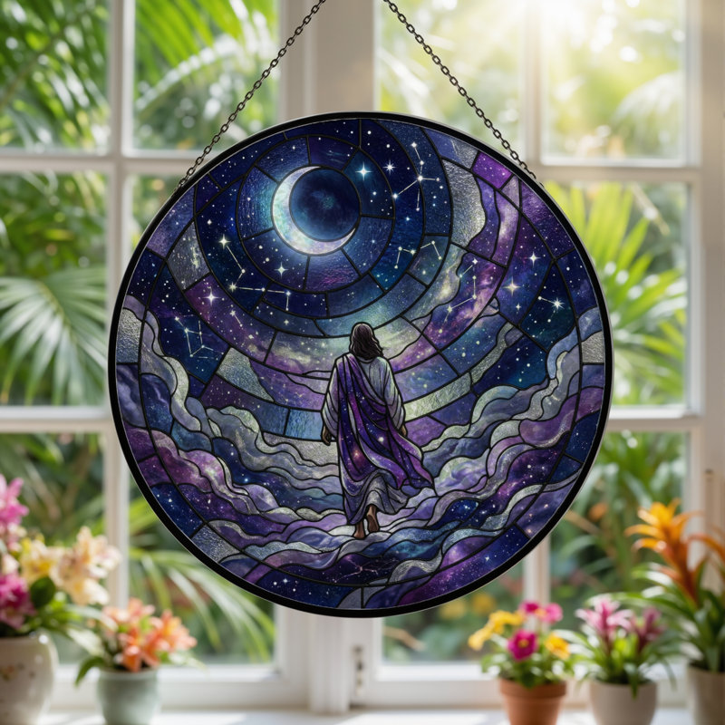 Starry Sky Stained Glass Window Panel，12"H, 12"H