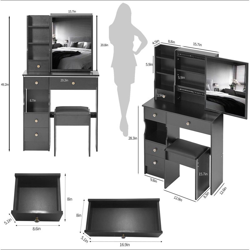 29.2" Small Space Left Drawer Desktop Vanity Table + Cushioned Stool, Extra Large Right Sliding Mirror, Multi Layer High Capacity Storage, Practical Fashionable Dresser, Suitable For Small Space