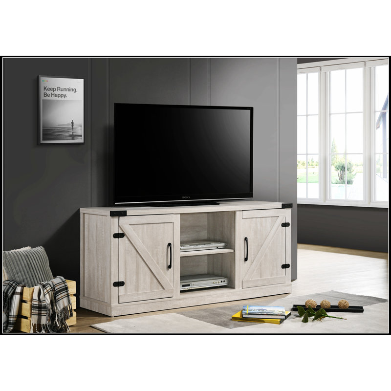 Salma Dusty 58-Inch Wide TV Stand with 2 Open Shelves and 2 Barn-Style Cabinets, for Modern Living Rooms, Gray