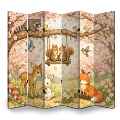 Cloison pliante 6 panneaux paravents mignons animaux de la forêt sous les arbres de printemps