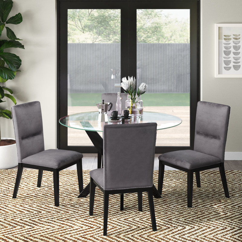 Vosburg 4 - Person Glass Top Pedestal Dining Set, Black, Gray Velvet/Black