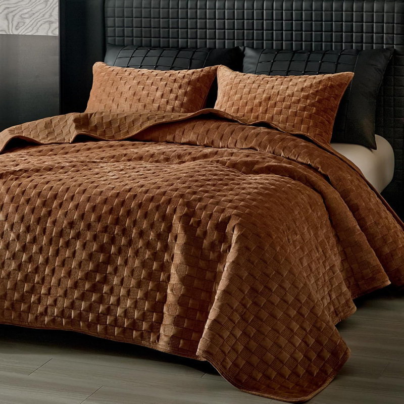 Zera MJ Velvet Coverlet/Bedspread with Pillowcases, King Coverlet/Bedspread + 2 King Pillowcases, Brown