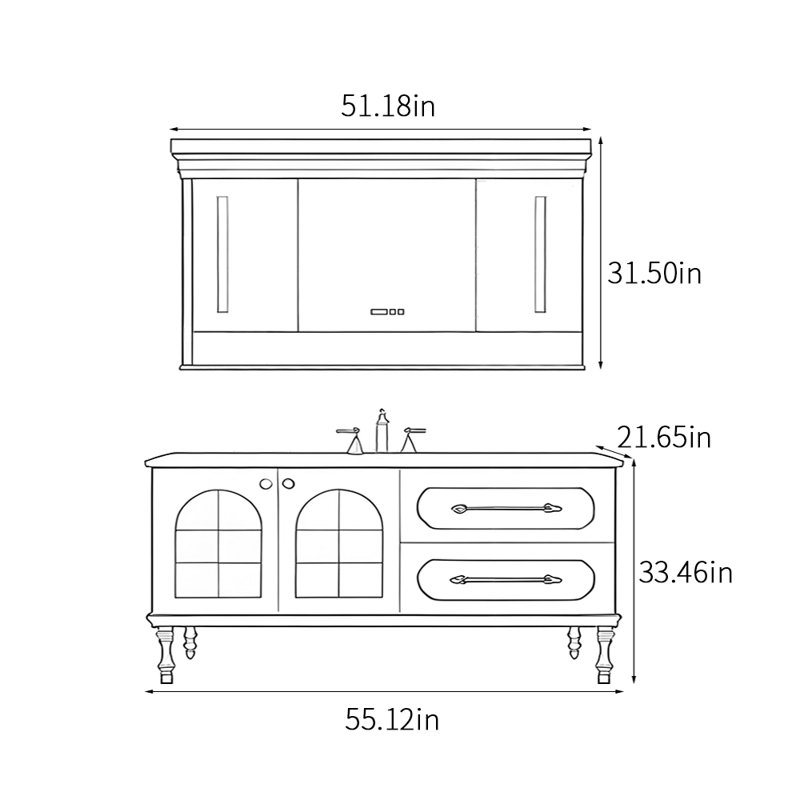 Armoire de salle de bain de style rétro français minimaliste, H 33,46 po x l 55,12 po x P 21,65 po, Noir