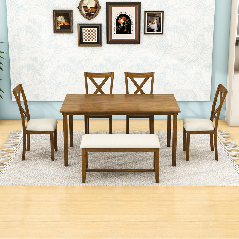 Ensemble de salle à manger 6 pièces en bois avec chaises rembourrées et banc pour le salon, Natural Cherry
