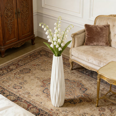 Large Ceramic Floor Vase For Home Decor - Modern White Glossy Standing Flower Vase With Origami Line Design, Perfect For Living Room, Bedroom, Office