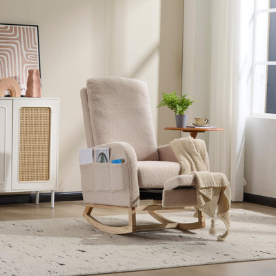 Modern Beige Teddy Upholstered Rocking Chair with Solid Wood Legs, Side Pocket & Footrest for Nursery & Living Room