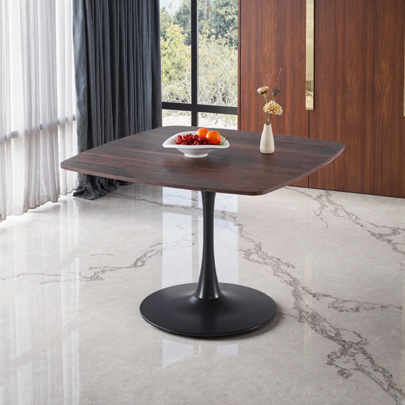 Table de salle à manger Mid-Century moderne de 42 po pour 4 à 6 personnes | Finition noyer peu encombrante | Base de piédestal en métal robuste | Pour les appartements et les petits espaces