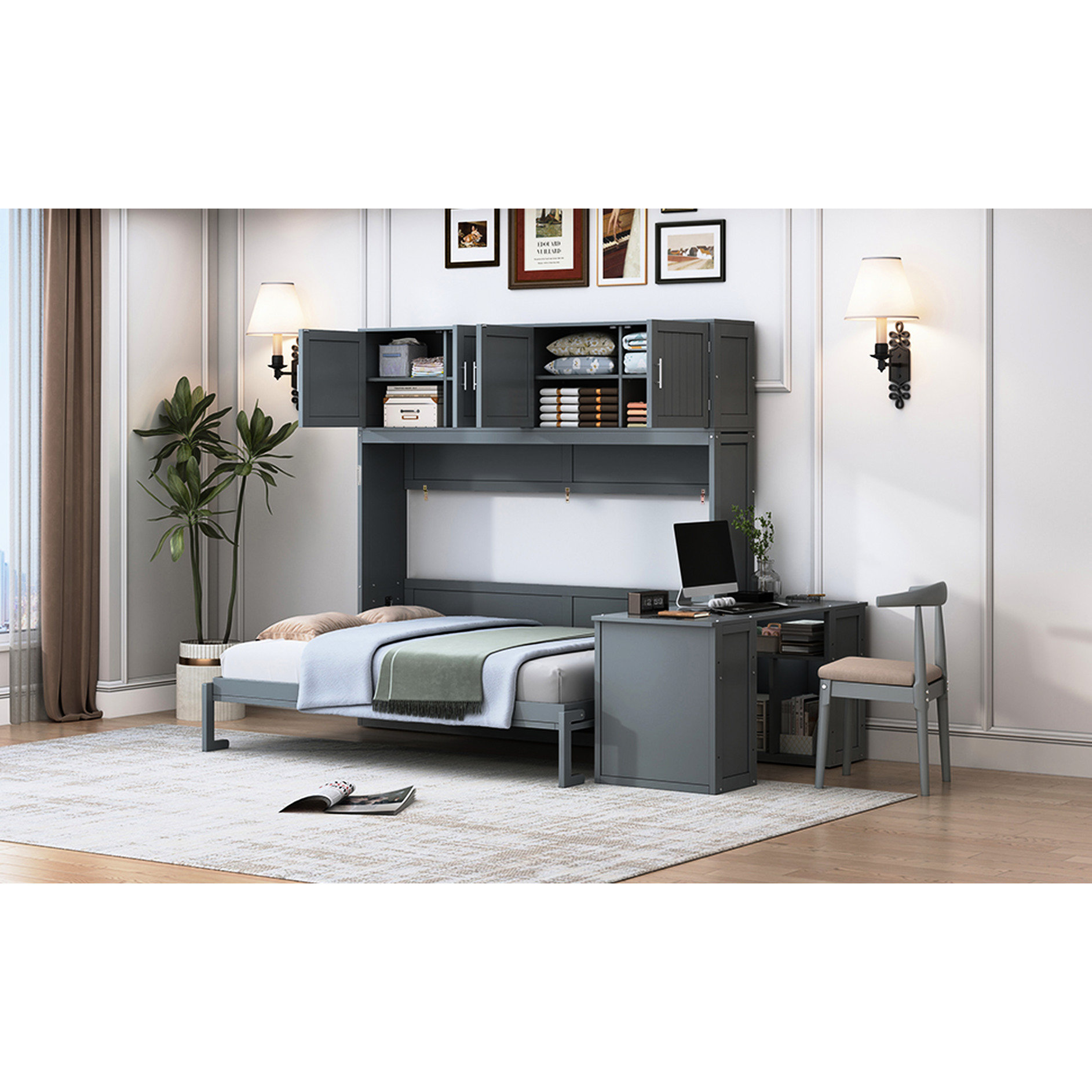 Hokku Designs Gray Queen Size Wall Bed, Modern Aesthetic, Hydraulic ...