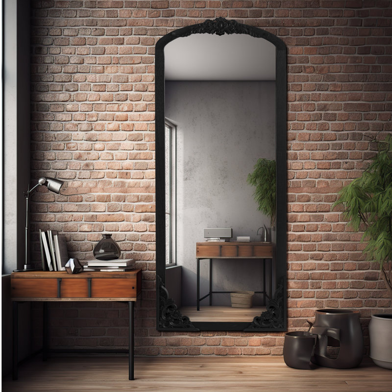 Anjulie Arch Solid Wood Mirror Ornate Mirror Wall Mirror Retro Mirror with Carved Frame, 64" x 21", Black