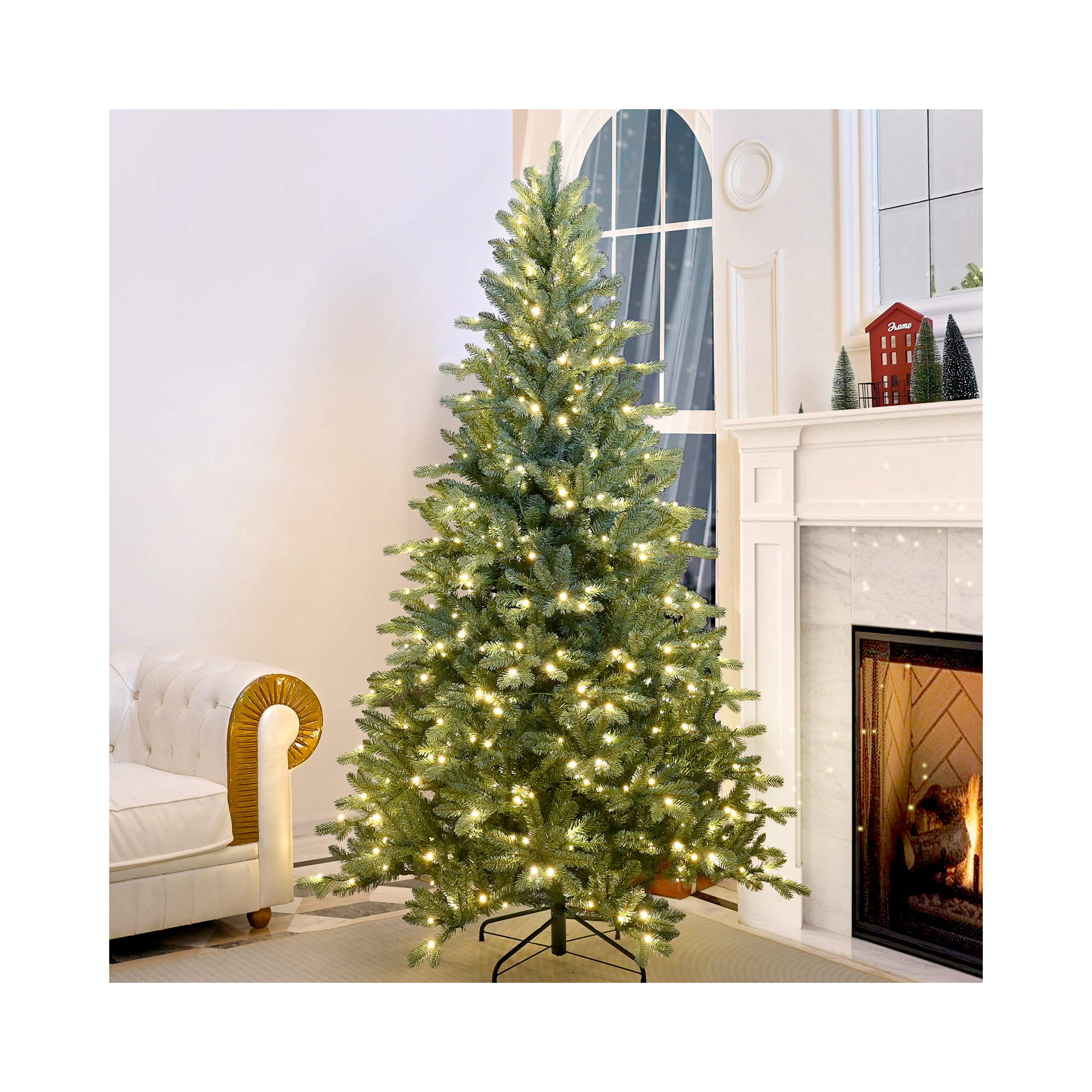 Pre-Lit Artificial Christmas Tree with PE&PVC Mixed Branch Tips, Warm White Lights, Hinged Premium, 6 ft