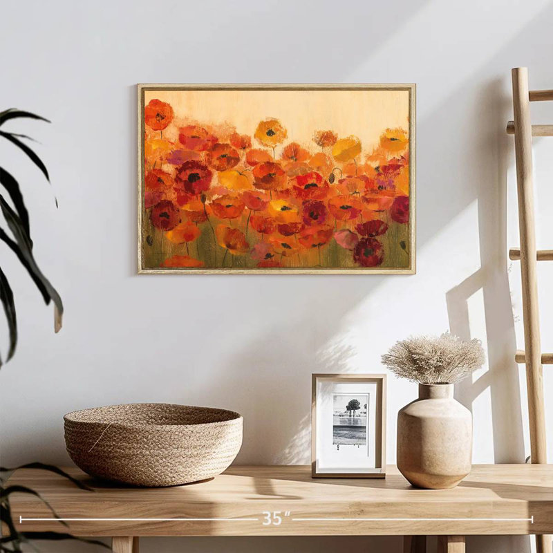 Vibrant Summer Poppies, Floating Frame Natural Wood, 19" X 13"