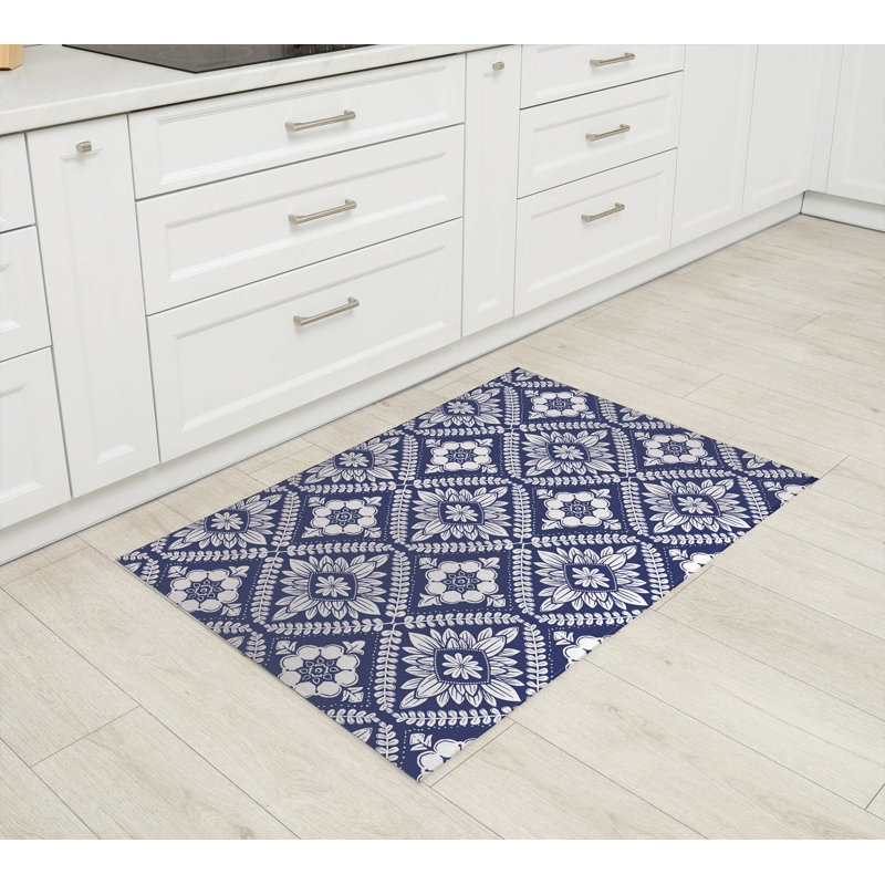 Tapis de cuisine à motif géométrique Talia, Rectangulaire 3 pi x 5 pi, Marine