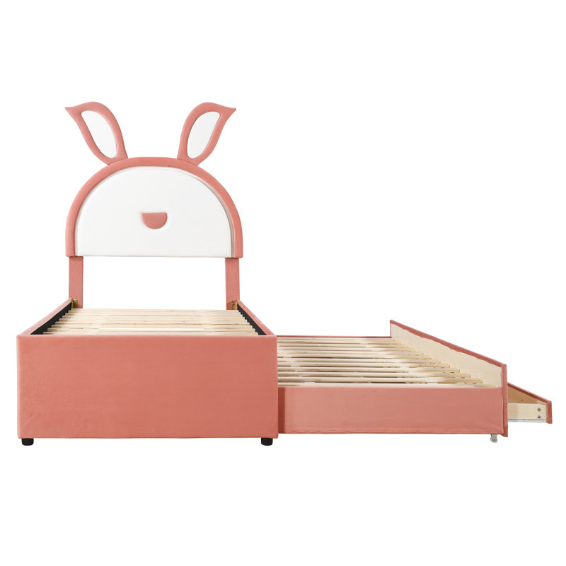 Lit plateforme tapissier avec lit gigogne et 3 tiroirs, tête de lit en forme de lapin avec lumières DEL intégrées,, Rose