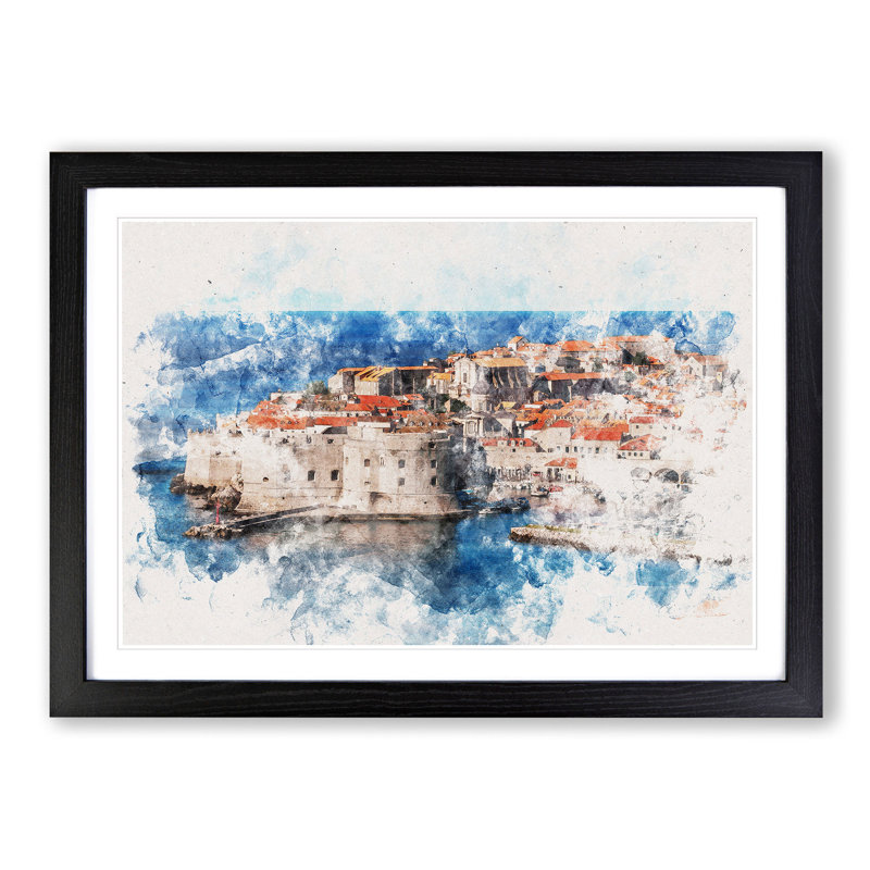 Ancient City Walls of Dubrovnik in Croatia Watercolour - Picture Frame Graphic Art Print, 40cm H x 60cm W x 2cm D