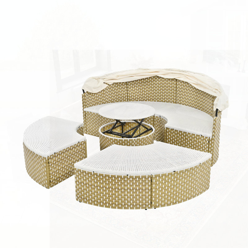 Rattan Daybed Two-Tone Weave Sunbed with Retractable Canopy, Beige, Natural