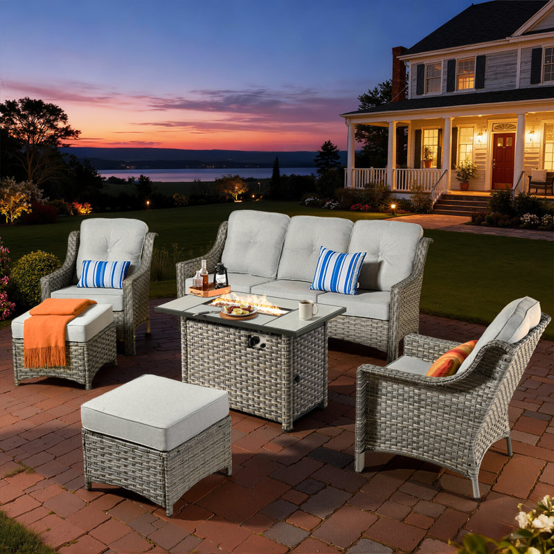 5 - Person Wicker Outdoor Conversation Set, Patio Sofa Set with Fire Pit and Cushions, Light Gray