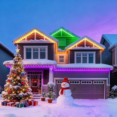 Guirlande lumineuse extérieure permanente de 30 m (100 pi) avec 60 DEL pour avant-toit, RVB+IC intelligente, 16 millions de couleurs et 100 modes d'éclairage, synchronisation musicale, étanchéité IP67, application et télécommande pour la décoration de toiture, terrasse, jardin, fêtes et toute l'année