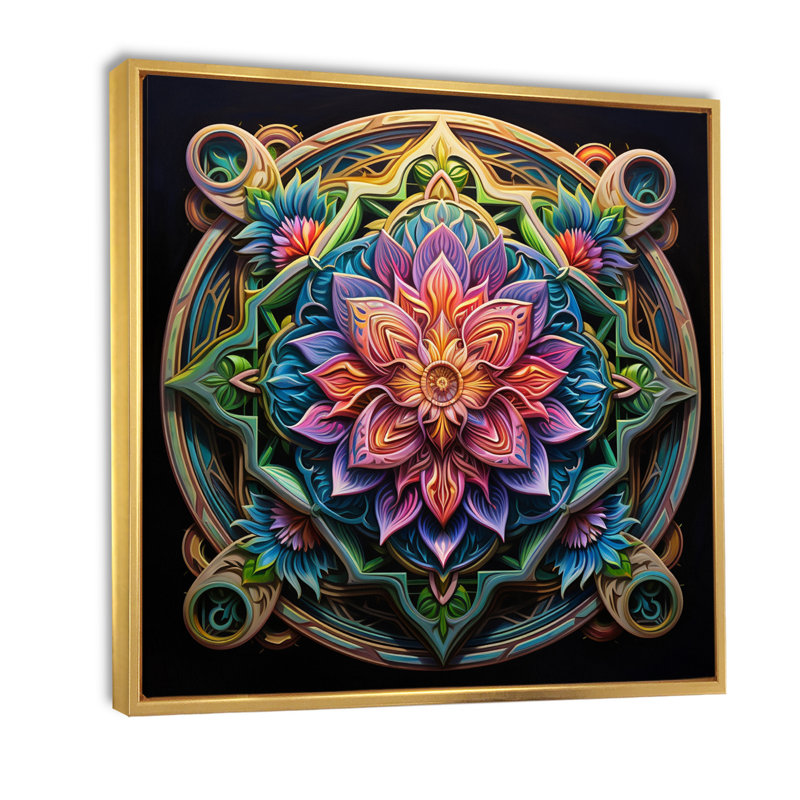 Ancien mandala magique coloré sur toile, Cadre flottant doré, H 36 po x l 36 po