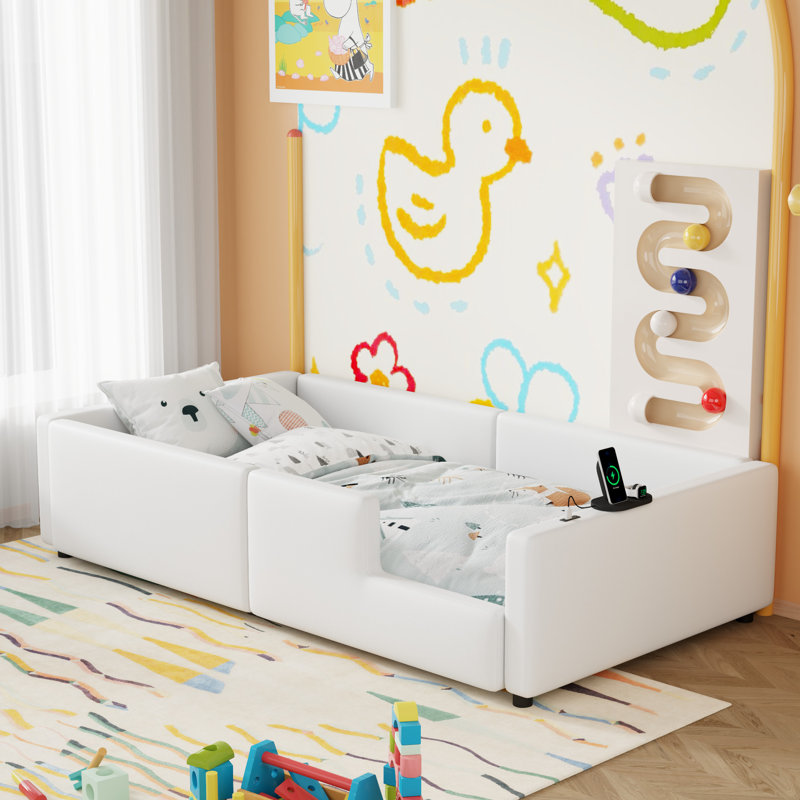 Lit plateforme simple tapissier blanc avec garde-corps et charge rapide - Taille moderne