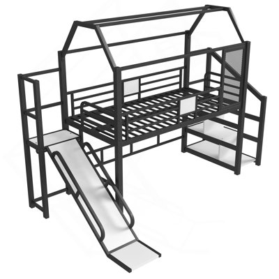 Lit mezzanine simple avec glissade et escalier, lit de jeu en métal avec tablettes de rangement, toit en forme de maison et conception silencieuse, noir