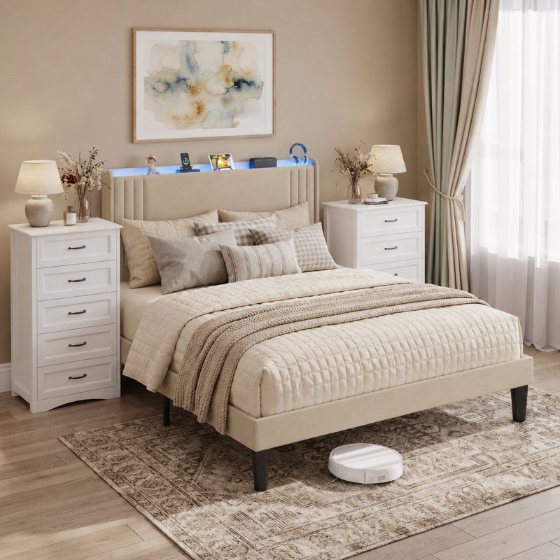 Ensemble de meubles de chambre à coucher comprenant un cadre de lit Queen rembourré beige avec tête de lit DEL RVB et station de recharge, 2 commodes blanches à 5 tiroirs