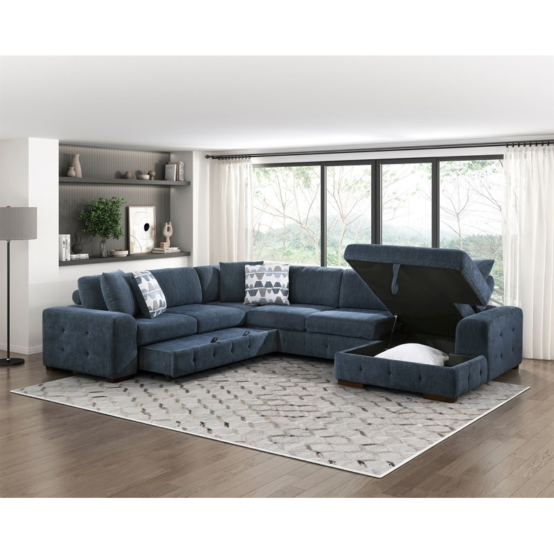 Canapé modulaire moderne 5 pièces avec méridienne droite avec rangement et canapé-lit capitonné en chenille et meubles de salon en bois massif