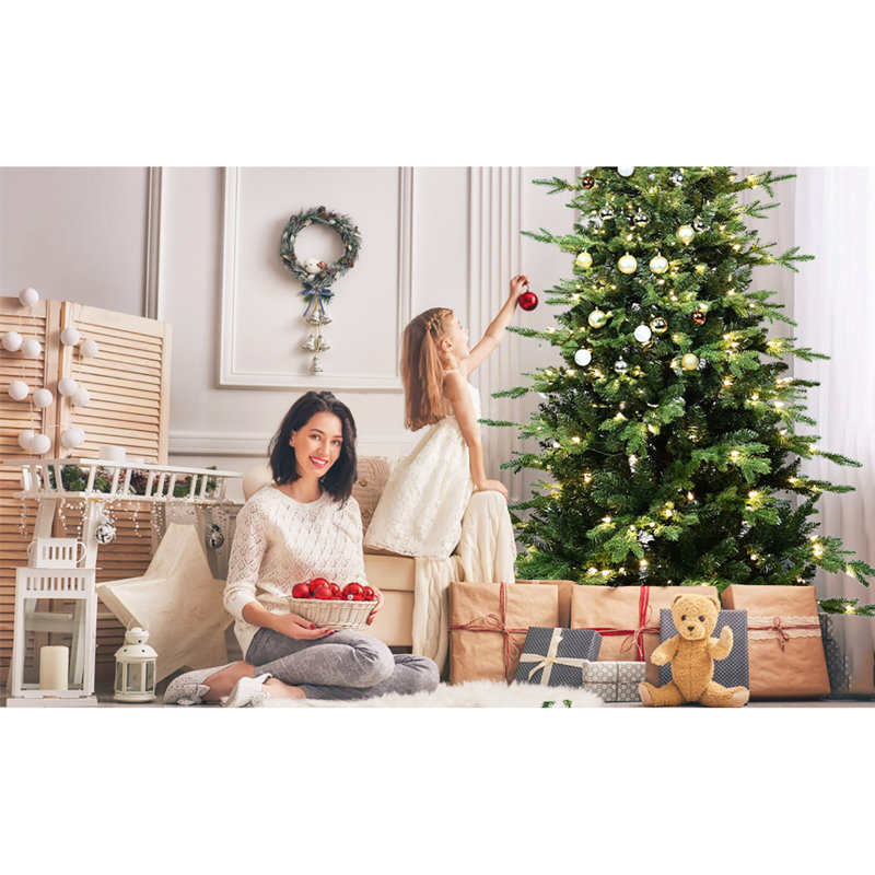 Arbre de Noël 7,5 pi avec 2856 pointes, lumières Ul blanc chaud et branches articulées pour une installation rapide + base PE 450, aspect aiguille réaliste