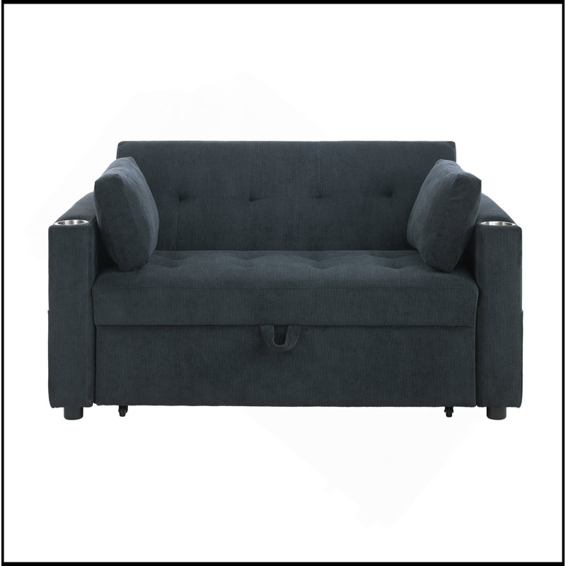 Causeuse-lit en velours côtelé noir L 57 po avec porte-gobelets, ports USB, poches pour magazines, coussins, capitonnage Luelle