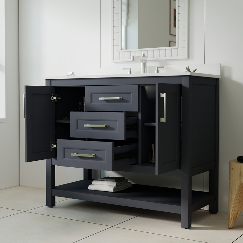 Meuble-lavabo sur pied à simple cuve 42 "- Bombay, comptoir en pierre d'ingénierie blanche, dosseret intégré et tablette de rangement ouverte