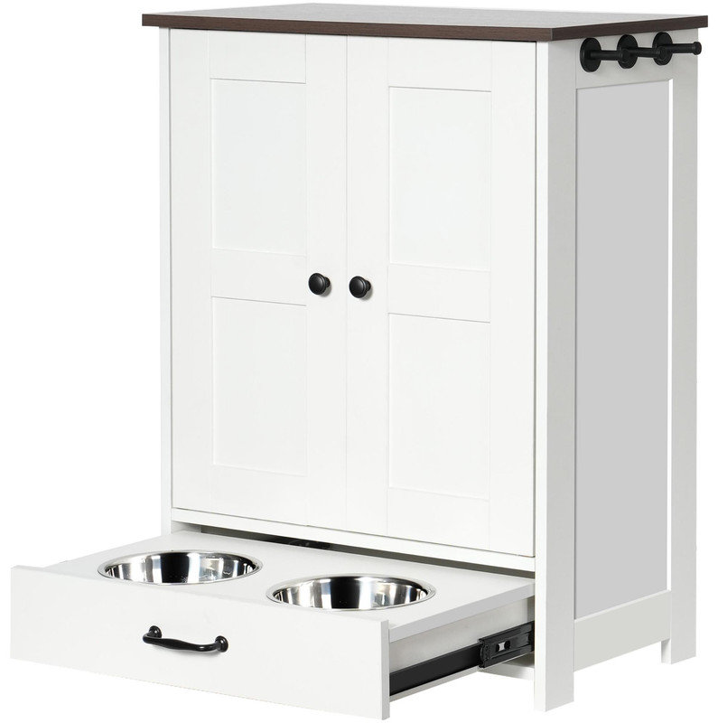 Station d'alimentation pour chien, armoire de rangement pour nourriture pour chien avec bols cachés pour chien, panneau réglable, crochets, pour chiens de taille moyenne, blanc