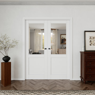 Interior Pantry French Doors Half Clear Glass Panel Modern Solid Manufactured Wood Primed French Double Door With Hardware / Frame