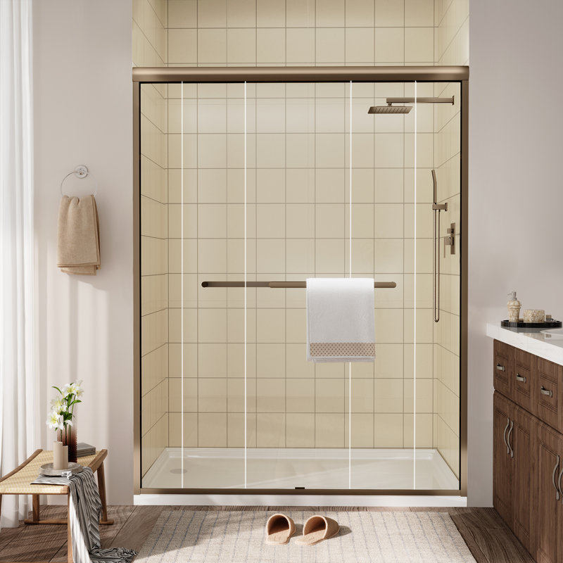 Sliding Framed Shower Door In Matte Black With Clear Glass, Oil-Rubbed Bronze