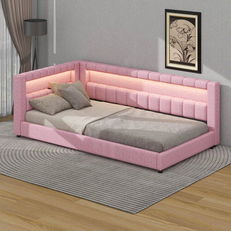 Upholstered Daybed With Storage, L-Shaped Daybed With LED Belt And USB Ports, Twin XL, Pink