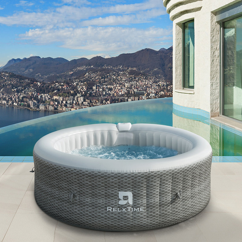 4-6 Person Round Outdoor Spa Portable Inflatable Tub With Control Panel, 130 Soothing Bubble Jets With Heater Pump, Filter Cartridge, Grey