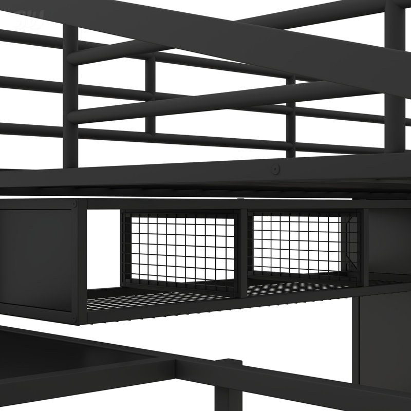 Lit double mezzanine en métal avec ensemble de table et garde-robe