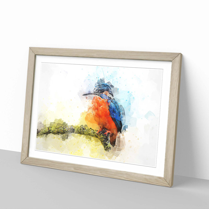 Kingfisher on a Branch in Abstract - Picture Frame Painting Print, Oak, 60cm H x 91cm W x 2cm D