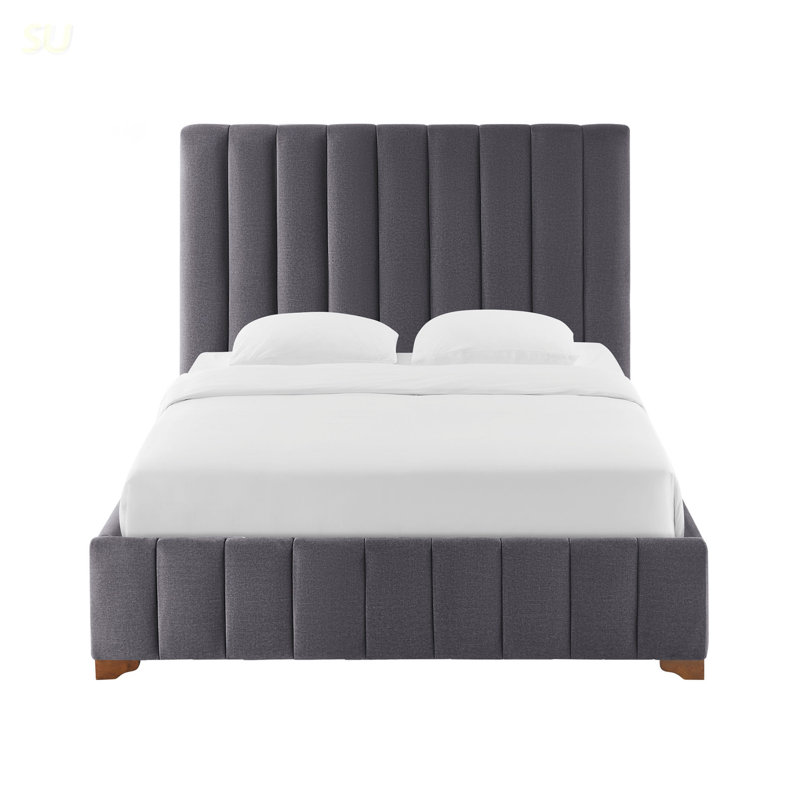 Structure de lit double pleine grandeur avec cadre de lit grand et plateforme avec tête de lit en tissu et lattes de bois