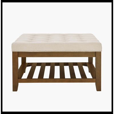 Grande table basse avec repose-pieds rembourré en lin capitonné avec tablette et cadre en bois de hêtre, repose-pieds surdimensionné pour salon, bureau, chambre à coucher, extérieur IVOIRE