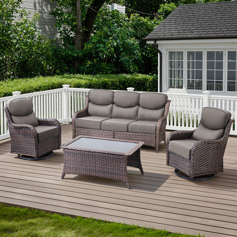 Outdoor Patio Wicker Sofa Conversation Set With Swivel Chairs And Coffee Table, Brown, Gray