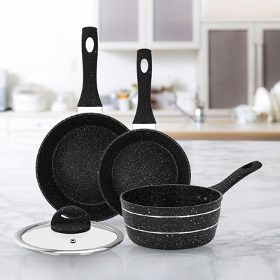 ROYALFORD Saucepan Set 3 PC, Induction Safe Cookware - Non-Stick Granite Coating, Forged Aluminium Multipurpose Sauce Pot with 5 Layer Construction & Tempered Glass Lid - 16 CM, 18 CM, 20 CM - Black